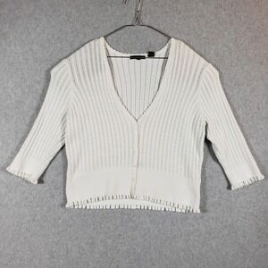 Jeanne Pierre White Knit Cardigan Sweater 3/4‎ Sleeve Ruffle Trim XL